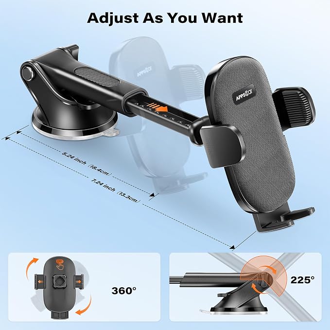 Car Phone Holder Mount, Strong Suction Dashboard & Windshield Phone Holder for Car, Hands-Free, Compatible with iPhone Samsung All Phones, Ideal for Delivery & Uber Drivers, Fleet Vehicles