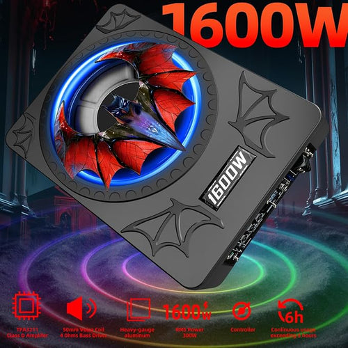 1600W 10" Slim Under Seat Subwoofers with Built-in Amp | LED Ambient Light, Deep Bass, Individual Controls (LPF/Gain/Bass Boost), High Output Distortion-Free Audio, Suitable for All Vehicle Models