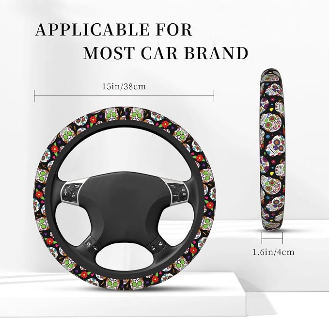 Cool Skull Steering Wheel Cover, Halloween Christmas Steering Wheel Covers, Non-Slip Breathable Neoprene Car Accessories Universal 15 Inch Fit Auto, Suvs, Truck