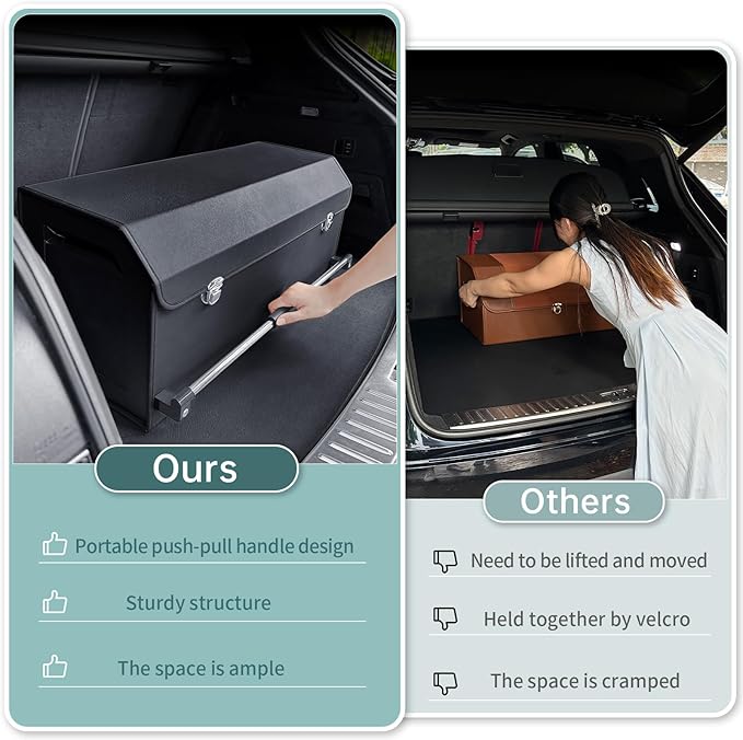 Car Organizer Trunk, Durable Collapsible Leather Trunk Organizer with Lid and Sturdy Handle, Auto Cargo Storage Compartments, SUV/Car Accessories for Men/Women (11.4 x 27 x 12.2, Black)