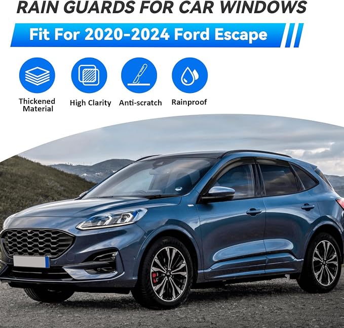 4pcs Window Visors Compatible with 2020-2025 Ford Escape Front+Rear Smoke Tint Sun/Rain Guard Outside Mount Tape-On Vent 2021 2022 2023 2024