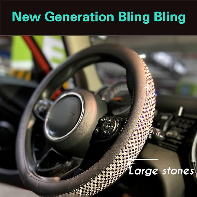 Large Size Bling Comfy Steering Wheel Cover with Jumbo Crystal Rhinestones, Anti-Slip Diamond Leather, 15.5-15.75 Inch (Purple)