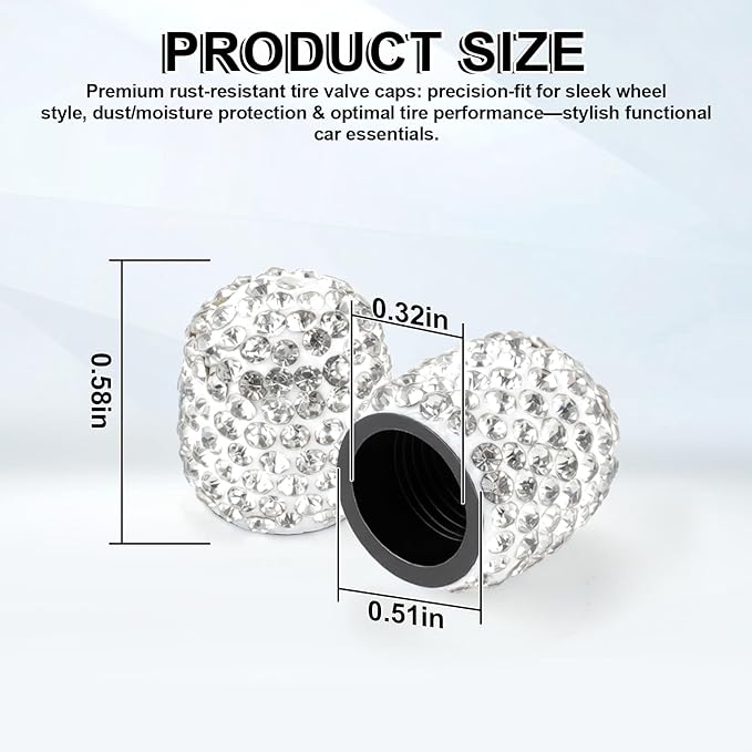 4 Pack Handmade Crystal Rhinestone Tire Valve Stem Caps, Wheel Tire Valve, Attractive Dustproof Bling Car Accessories, Universal for Cars, Trucks and Motorcycles-White