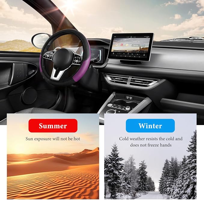 Car Steering Wheel Cover, 15 Inch Anti-Slip Stretch Leather Steering Wheel Protector, Comfortable Breathable Sporty Steering Wheel Cover for Women Men, Car Accessories (Black & Purple, AD)