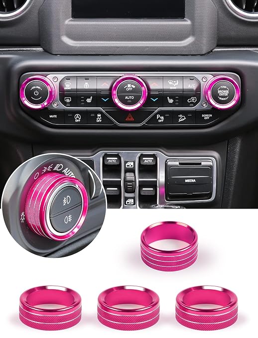 HVAC Climate Control Panel Knob Trim Kit & Light Control Switch Cover, Air Conditioner Knob Aluminum Alloy Ring for 2018-2024 Jeep Wrangler JL JLU & Gladiator JT, Interior Accessories, Pink