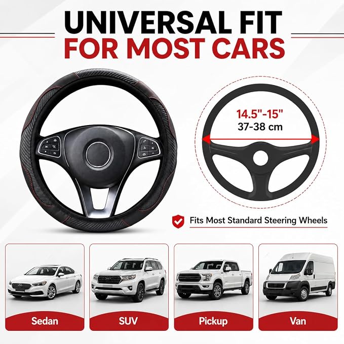 Car Steering Wheel Cover 15 inch, Microfiber PU Leather Elastic Steering Wheel Protector, Anti-Slip Breathable Car Interior Accessories for Most Cars (Black)