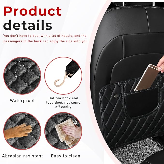 2 PCS Car Kick Mats, Leather Back Seat Protector with Storage Bag, Waterproof Automotive Backseat Cover Pad Prevent Kids Dirt Mud and Scratch, Interior Car Accessories(Black & Black)