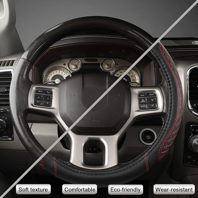 Customized Auto Car Steering Wheel Cover for Dodge 1989-2011 RAM 1500 2500 3500, Charger, Durango, Challenger (Diamond Quilted-Black+Red-Standard Size)