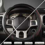 Customized Auto Car Steering Wheel Cover for Dodge RAM 1500 2500 3500, 15.5-16 inch (Diamond Quilted-Black+Red-Large Size)