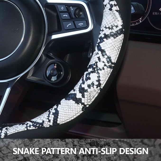 Snake Skin Steering Wheel Cover, Breathable Microfiber Leather Universal 14.5-15 inch, Anti-Slip Car Steering Wheel Protector for Women Men, Black&White