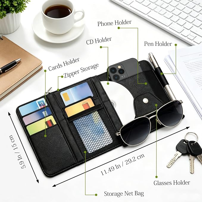 Black Car Sun Visor Organizer, 1-Pack Multi-Pocket Auto Storage Pouch for SUV and Truck, PU Leather Visor Holder with Zipper Pocket, Card Slots, Pen Loop, Sunglasses and Key Storage