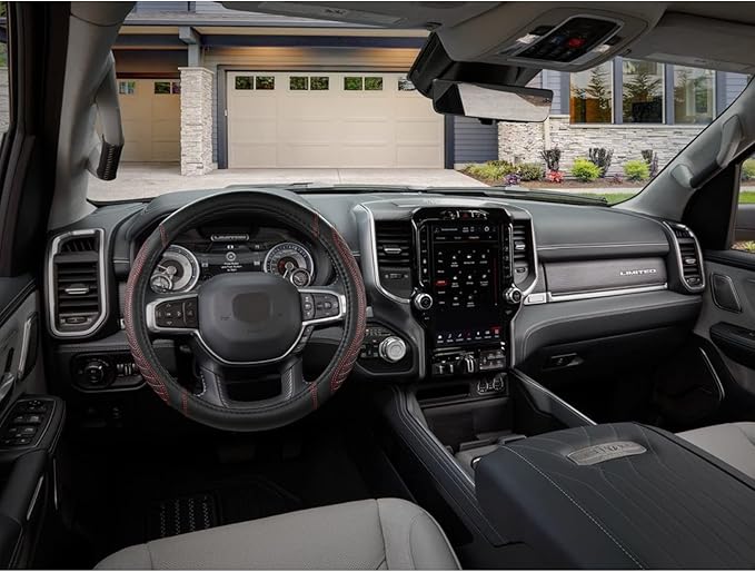 Customized Auto Car Steering Wheel Cover for Dodge 1989-2011 RAM 1500 2500 3500, Charger, Durango, Challenger (Diamond Quilted-Black+Red-Standard Size)