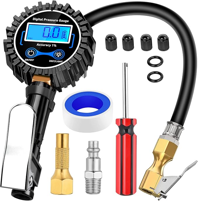 50057A Digital Tire Inflator Deflator with Pressure Gauge 250 PSI Air Chuck and Compressor Accessories with Rubber Hose and Quick Connect Coupler for 0.1 Display Resolution