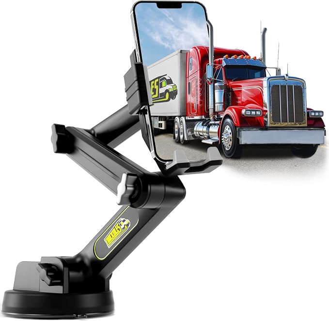 Cell Phone Mount for Truck Phone Holder for Truck Drivers - Heavy Duty Suction Cup, iPhone Holder for Dashboard Window 16.9 inch Long, for iPhone & Samsung, Big Rig Trucker, Gray