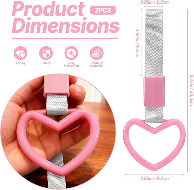 2 Pcs Heart Shaped Car Handle Strap – JD M Drift Charm Rear Bumper Warning Ring Decor for Car Interior Exterior, Subway Bus Handle Accessory, Cute Heart Car Decor Gift for Drivers (Pink-Silver)