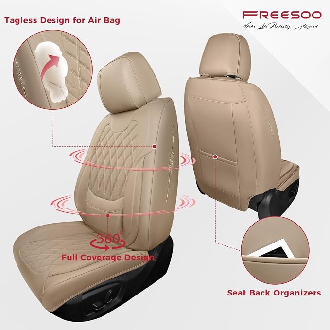 Beige Car Seat Cover Full Set - Faux Nappa Leather Seat Covers for Cars, Ultra Breathable Waterproof Front Seats Cushion Protectors with Lumbar Support, Universal Fit for Sedans SUVs Pickups