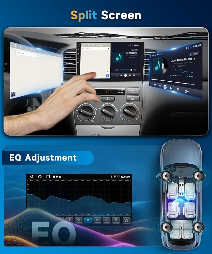5G WiFi Car Radio Stereo for Toyota Corolla EX 2007-2012 Android 15 Wireless Carplay Android Auto, 9“ Touch Screen Bluetooth Car Audio,GPS,FM/RDS,SWC+AHD Backup Camera, 2G+64G