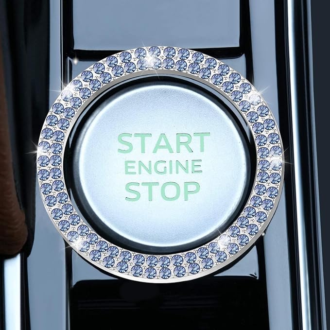 2 PCS Crystal Double Rhinestone Car Engine Start Stop Decoration Ring, Bling Car Interior Accessories for Women, Push to Start Button Cover Sticker, Automotive Decals, Light Blue