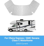 RV Windshield Cover for Chevy Express/GMC Savana 2001-2026, Class C Motorhome RV Front Window Sunshade Cover, for UV Protection & Privacy Shield, White with Mirror Cutouts