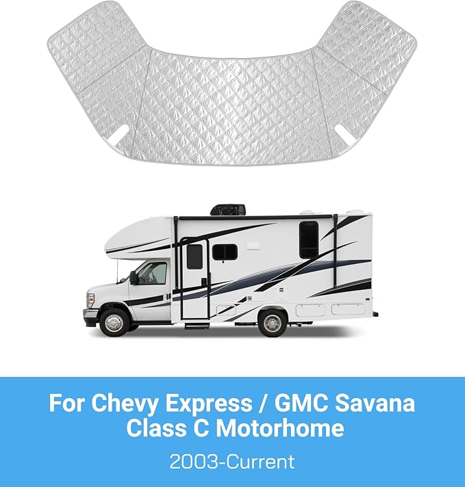 RV Windshield Cover for Chevy Express/GMC Savana 2001-2026, Class C Motorhome RV Front Window Sunshade Cover, for UV Protection & Privacy Shield, White with Mirror Cutouts