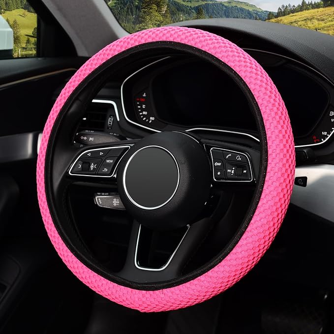 Elastic Stretch Steering Wheel Cover 15 Inch, Breathable Ice Silk Microfiber, Non-Slip Grip, Warm in Winter and Cool in Summer, Odorless, Car Accessories Fit Cars, SUVs, Rose Red