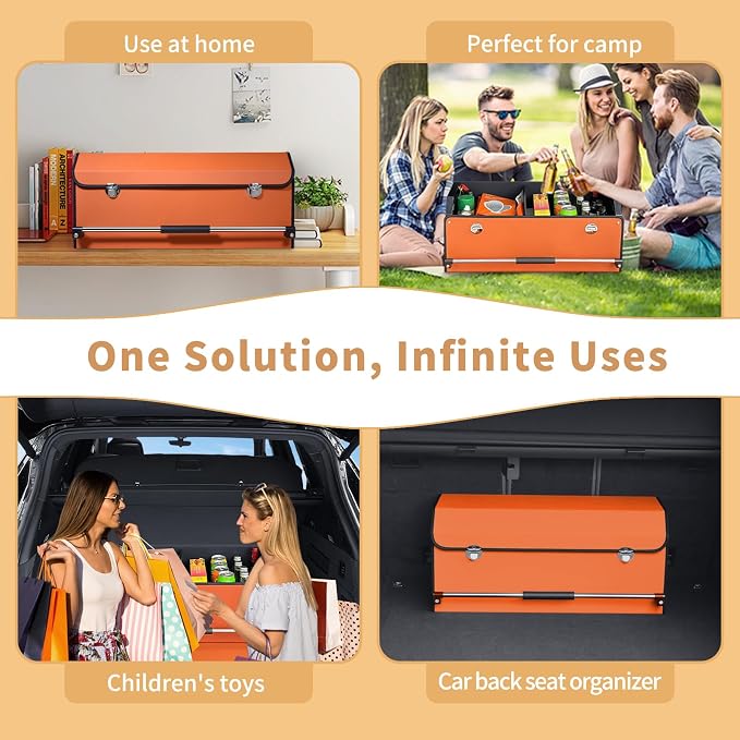Car Trunk Organizer for SUV, Collapsible Leather Car Storage Trunk Organizer with Lid and Sturdy Handle Car Trunk Leather Storage Box (Orange, 27.1 x 11.4 x 12.2in)