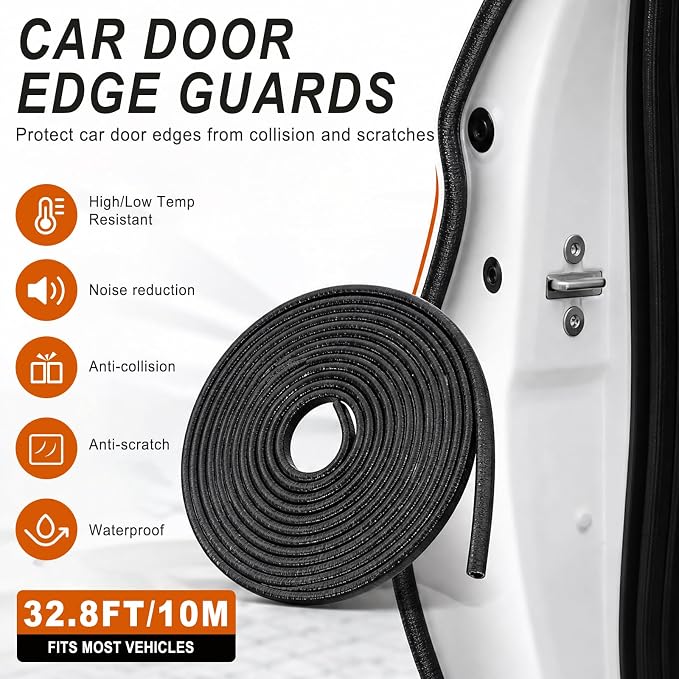 Car Door Edge Guards 10M(32.8Ft), U Shape Rubber Door Edge Protector Trim with Built-in Metal Clips, No Adhesive Needed, Easy to Cut, Universal Fit for Most Cars Trucks SUVs (Black)