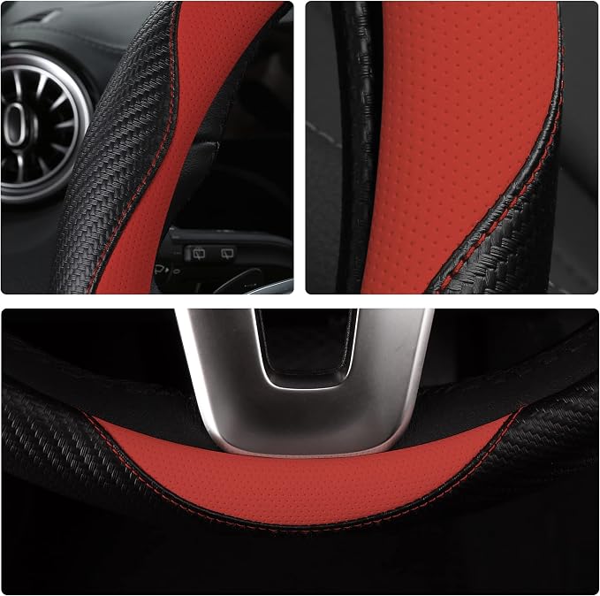 Car Steering Wheel Covers for Women Girl Padded Carbon Fiber PU Leather Cute Cartoon Auto Interior Accessories for Jeep, Truck, Universal, Anti Slip, Red, Large Size, 15.2-16in