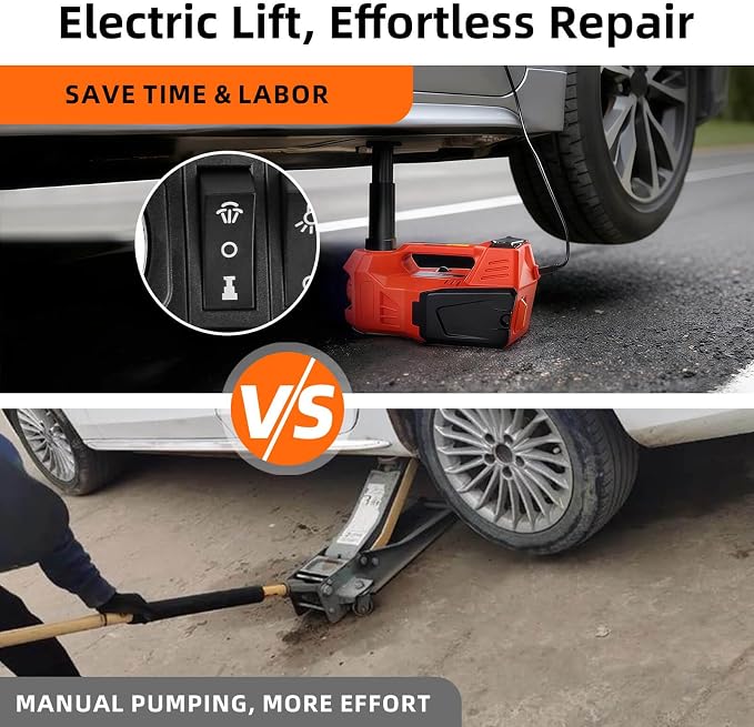 Electric Car Jack, 5 Ton Hydraulic Floor Jack with Electric Impact Wrench, Tire Inflator & LED Light, Lift Range 6.1-17.7 Inch, Emergency Roadside Tire Changing Kit for SUV Sedan Truck