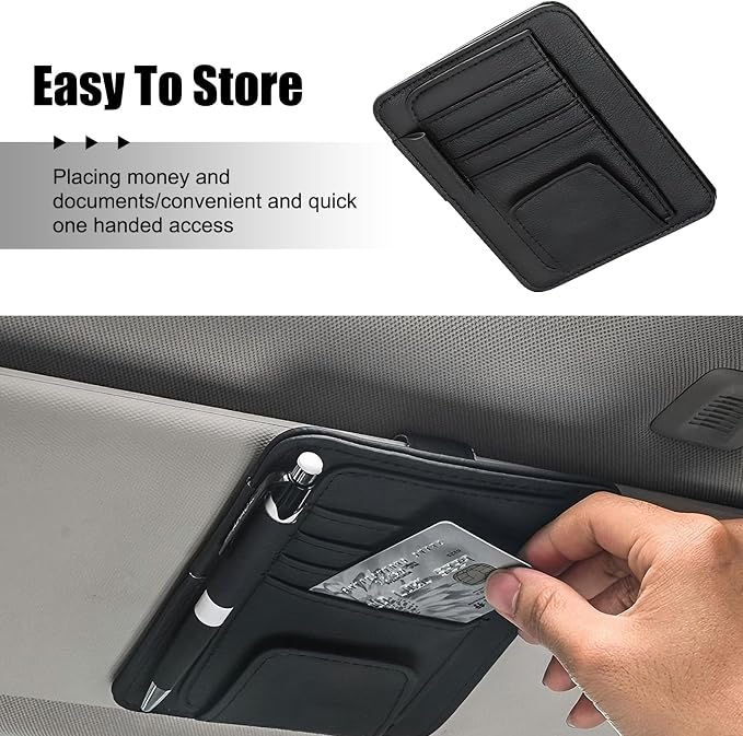 Car Sun Visor Organizer, Multi-Pocket Leather Auto Visor Storage Bag with Clip-on Design, Car Interior Organizer for Cards, License, Sunglasses and Pens, Universal for Most Cars (Black)