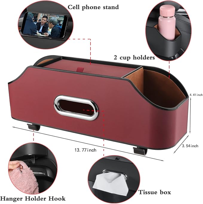 Car Back Seat Organizer with 2 Drink Cup Holder - Tissue Box and Storage Box Hook - Multi-functional Storage - Great for Kids and Travel (Red)