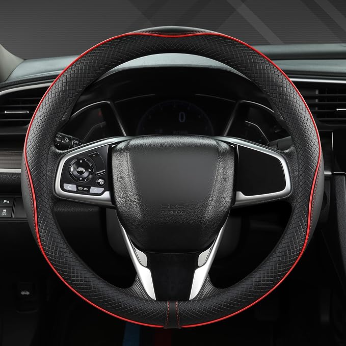 Microfiber Leather Car Steering Wheel Cover for Honda Accord Civic CR-V HR-V Pilot Fit Passport Odyssey,Sport Style,14.5-15 inch (Black+Red Line-Standrad Size)
