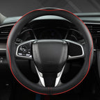 Microfiber Leather Car Steering Wheel Cover for Honda Civic, CR-Z, Insight, S2000,14-14.25 inch (Black+Red Line-Small Size)
