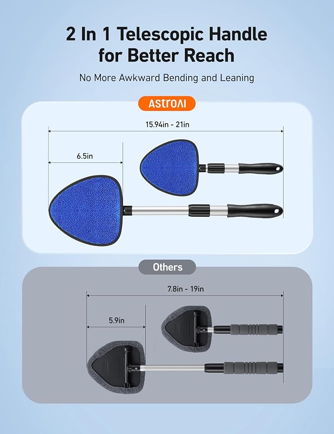 Windshield Cleaner Tool, Car Window Cleaner with 4 Upgraded Microfiber Pads, 1 Spray Bottle, 180° Rotatable and Extendable Handle, Effortless Installation
