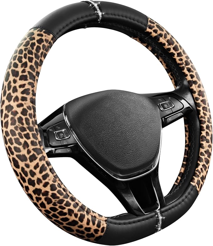 Leopard Steering Wheel Cover for Women, Cute Anti-Slip Microfiber Leather, Fits D Shape Flat Bottom Steering Wheel 14.5-15 Inch - Black