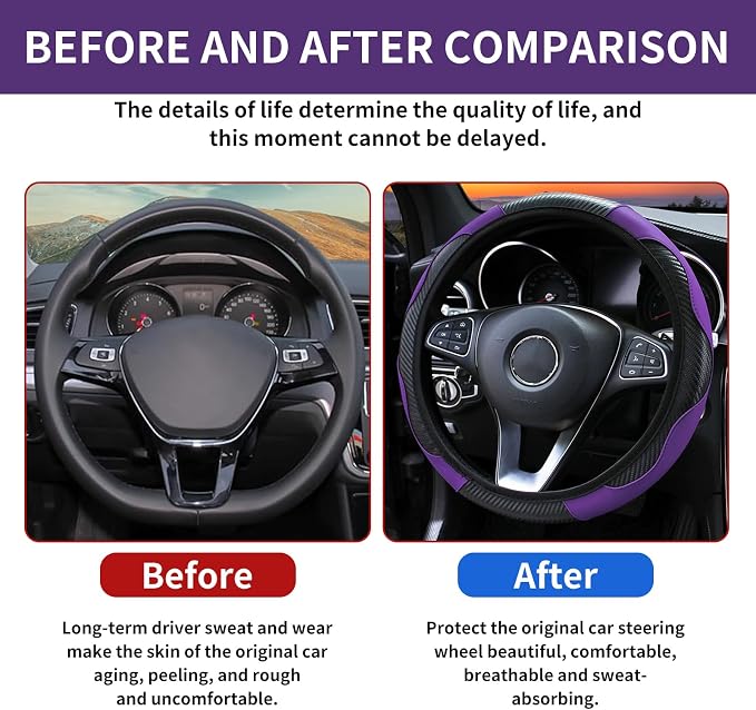 Car Steering Wheel Cover 15 inch, Microfiber PU Leather Elastic Steering Wheel Protector, Anti-Slip Breathable Car Interior Accessories for Most Cars (Purple)