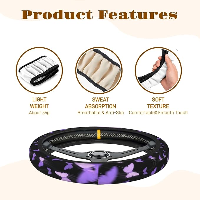 Steering Wheel Cover Accessories Neoprene Cover, Breathable Non-Slip Easy to Install Suitable for Women Men, 14.5-15.5 Inch for Car SUV Van Truck Universal - Butterfly