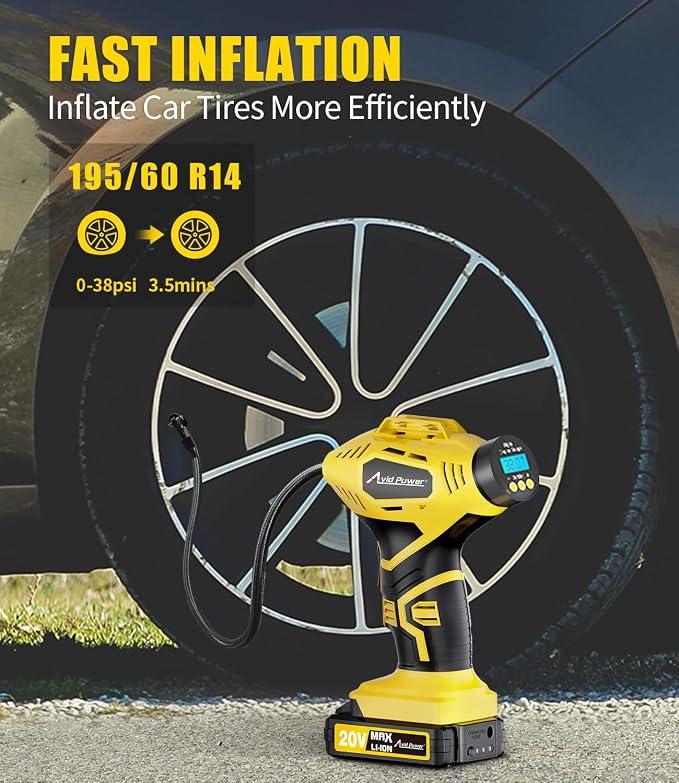 Cordless Tire Inflator Portable Air Compressor, 20V Rechargeable Battery Powered Car Tire Pump w/ 12V DC Adapter, Digital Pressure Gauge, Air Pump for Car, Bike, Motorcycle, Ball