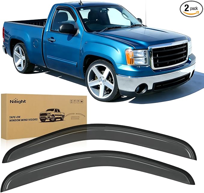 Rain Guards for 2007-2013 Chevy Silverado GMC Sierra 1500 Regular Cab, 2007-2014 Silverado Sierra 2500HD 3500HD Standard Cab, Tape-On Window Visors Smoke, 2PCS