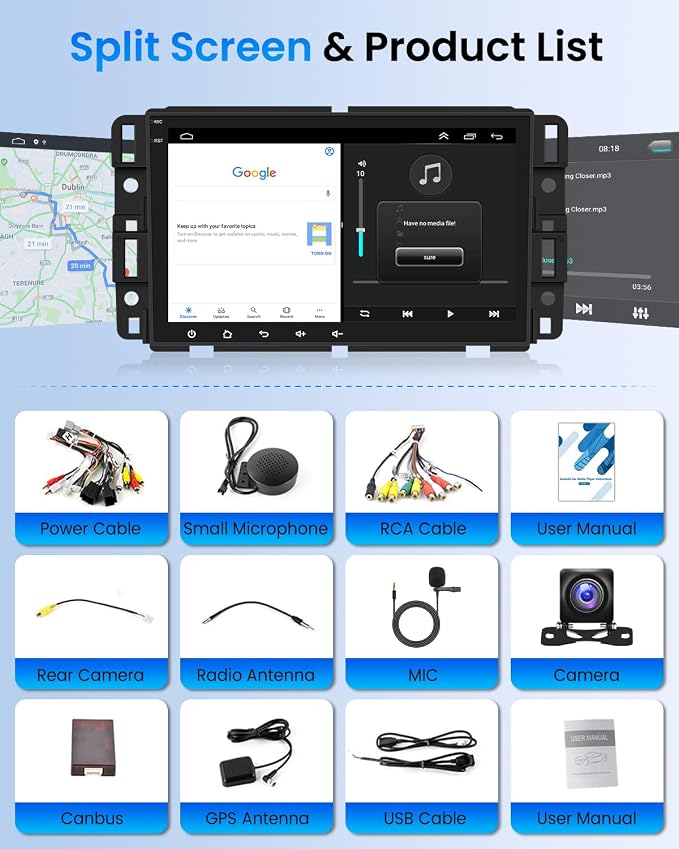4Core 2G+64G Car Radio for Chevrolet Chevy Silverado GMC Sierra Yukon 2007-2013, Android Car Stereo Wireless CarPlay Android Auto, GPS WiFi, Touchscreen, Bluetooth, EQ, Backup Camera