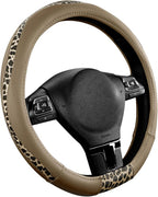 Steering Wheel Cover - Flat Bottom Wheel Cover Made with PVC Leather and Leopard Fabric - Universal Fit for 15-Inch D-Shaped Automotive Steering Wheels (Beige Color)