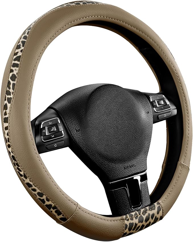 Steering Wheel Cover - Flat Bottom Wheel Cover Made with PVC Leather and Leopard Fabric - Universal Fit for 15-Inch D-Shaped Automotive Steering Wheels (Beige Color)