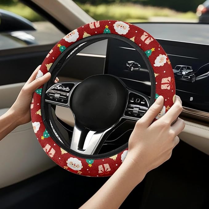 Auto Steering Wheel Covers Anti-Slip Safety Stretch-on 14-15 inch | Santa Claus Red Print, Sweat Absorbing Non-slip, Steering Wheel Protection Case, Machine Washable Elastic Flexible