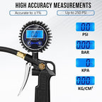 Digital Tire Pressure Gauge with Inflator, 3-250 PSI Air Compressor Accessories with Air Chuck Quick Connect Coupler, Car Attachments with Rubber Hose for Car, Truck, SUV, Cycle, RV