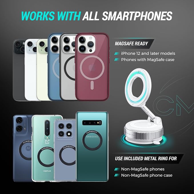 Clutch-X™ White – Upgraded Vacuum Phone Mount Suction Cup Car Phone Holder for iPhone, Window Phone Mount, 360° Vacuum Magnetic Phone Holder for Car, Magnetic Phone Holder with Suction Cup