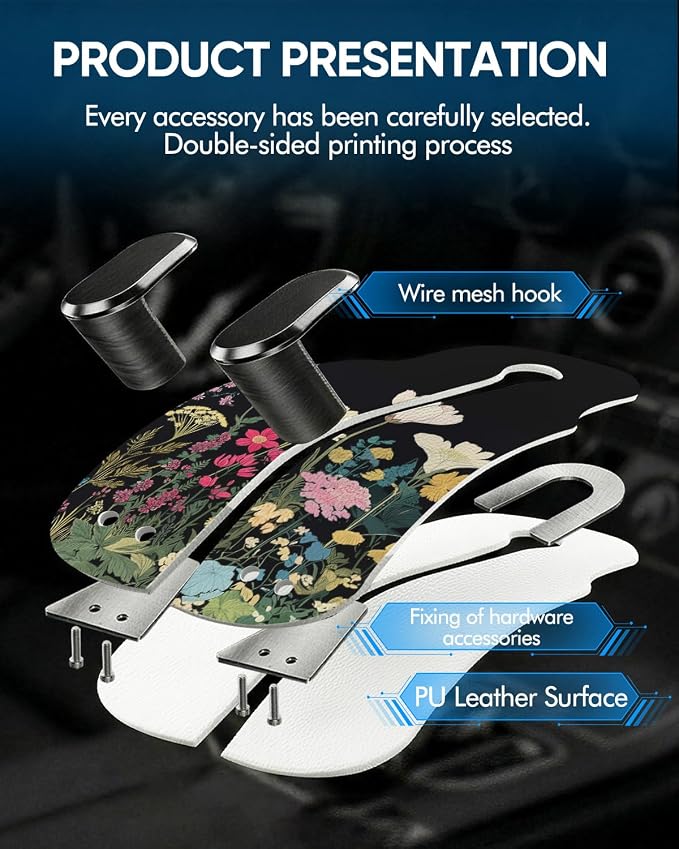 Purse Holder for Car, 2 Pack Heavy Duty Purse Hanger for Car, PU Leather Car Seat Hooks for Purses and Bags, Cute Floral Headrest Organizer for Handbags & Backpacks