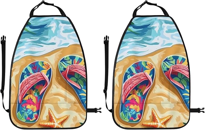 Summer Flip-Flops Car Seat Back Protectors 2 Pack – Large Kick Mats with Storage Pockets, Universal Fit for Most Vehicles