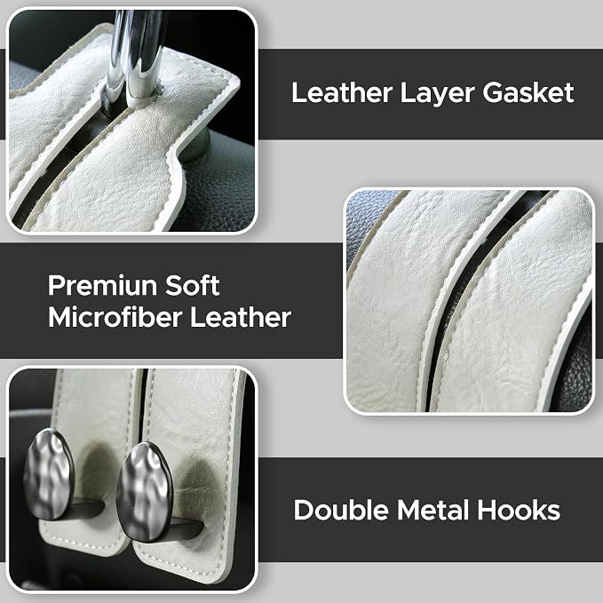 Leather Car Purse Hook for Headrest, 4 Pack, White-Black | Twin Hooks Headrest Hangers, 2/4 Pack, No-Slip, Scratch-Proof, Holds Purses, Backpacks, Grocery Bags, Car Organizer Gift
