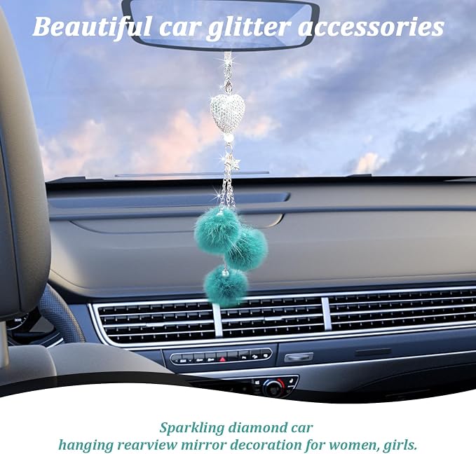 Bling Diamond Heart Car Interior Accessories, Car Mirror Hanging Ornament for Women, Love Heart & Pink Plush Ball Decor Ornament Pendant (Peacock Blue)
