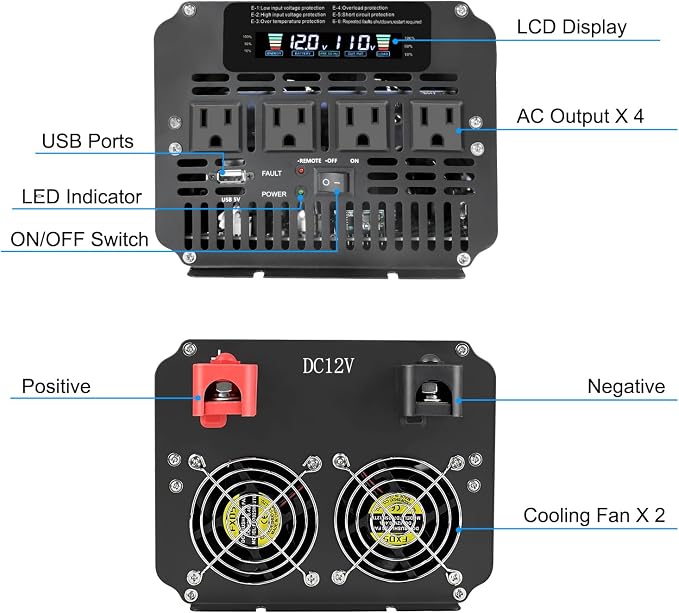 3000 Watt Power Inverter 12V to 110V 120V for Vehicle, Solar Inverter System, Heavy Duty, RV, Truck, Off Grid,Camping with 4 AC Outlets, LCD Display, Wireless Remote Control, Car Power Inverter